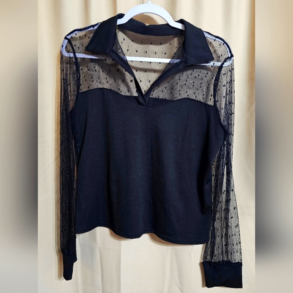 Black Polka Dot Sheer Sleeve Collared Top